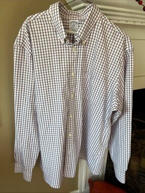 Brooks Brothers White Button-Down Shirt with Navy and Burgundy Windowpane XL